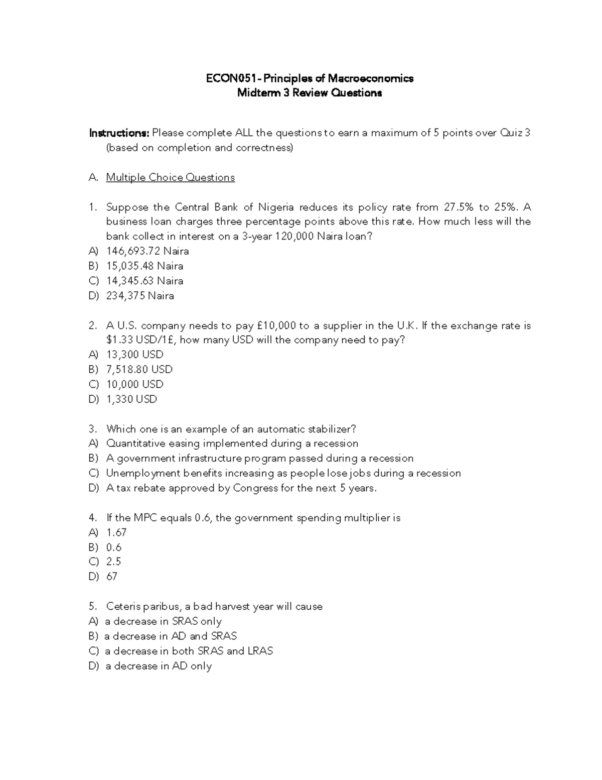 ECON051 - Principles of Macroeconomics Midterm 3 Review Questions ...