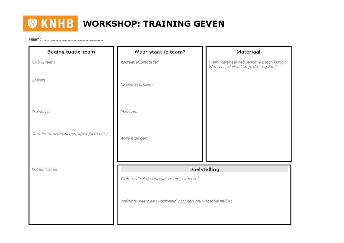 Werkblad BO WS: Training Geven en Oefenstof Ontwikkeling - Studeersnel