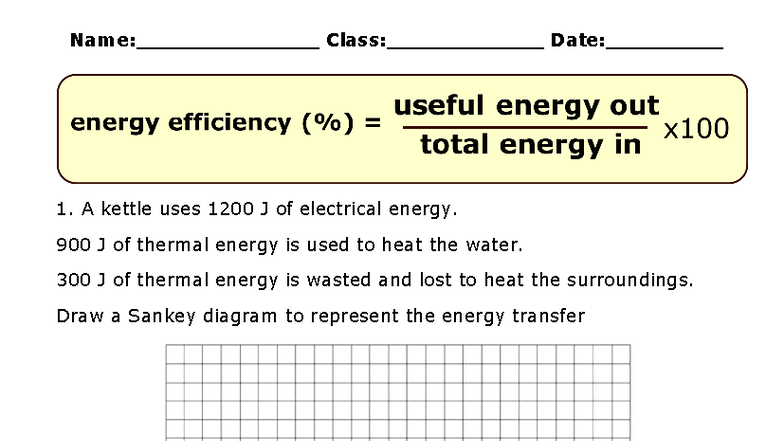 Sankey Diagrams Worksheet: Energy Transfer & Efficiency Calculations ...