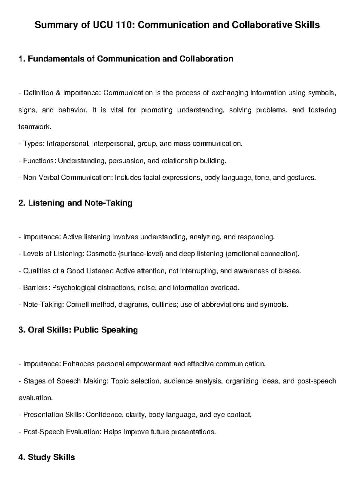 UCU 110 Summary - Key Concepts in Communication Skills - Studocu