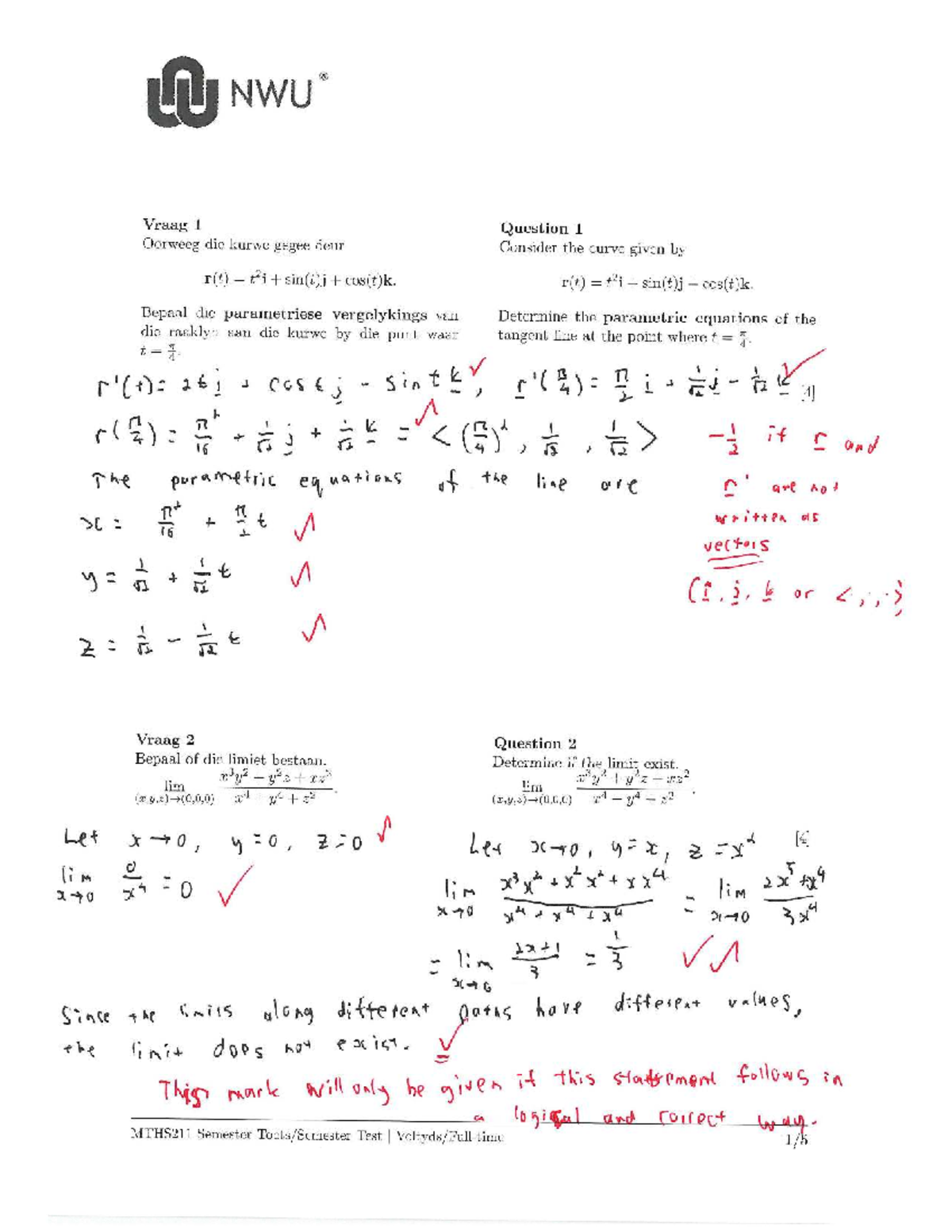 MTHS211 Semester Test 2 - Questions and Memo on Curves and Limits - Studocu
