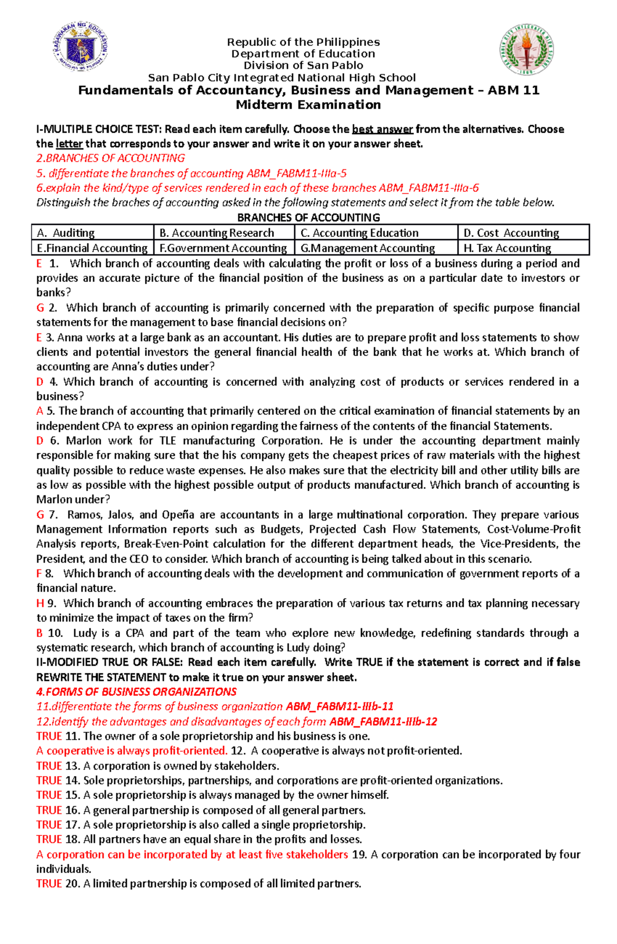 ABM 11 Fundamentals of Accountancy, Business & Management Midterm Exam ...