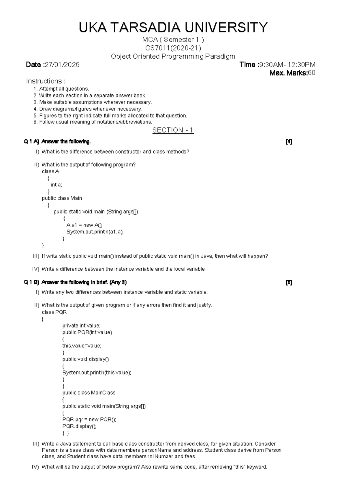 MCA 1-CS7011 Object Oriented Programming Paradigm Exam Paper 2020-21 ...