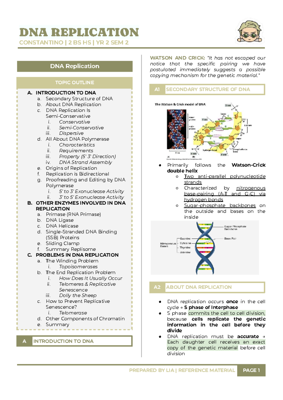 DNA REPLICATION NOTES FOR BIO 140.01: MECHANISMS & ENZYMES - Studocu