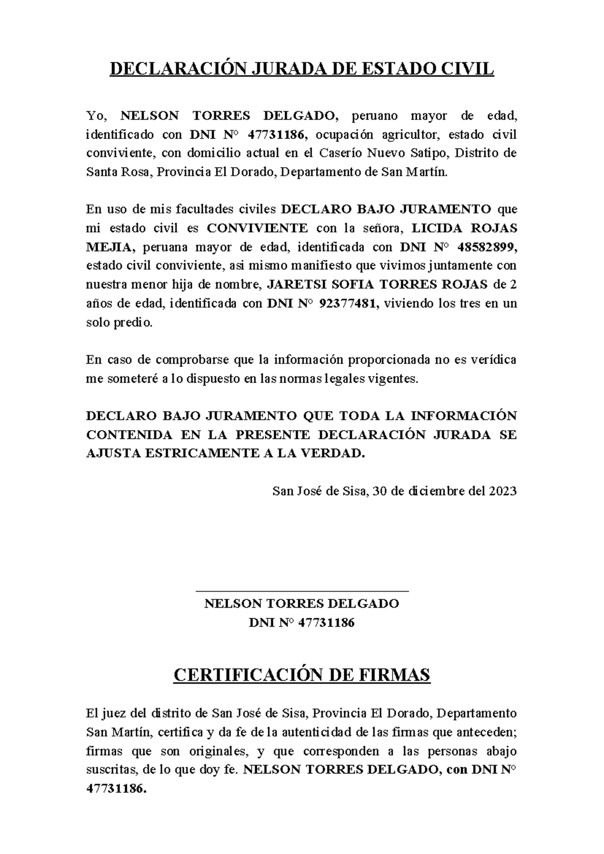 Declaraci n Jurada De Estado Civil De Nelson Torres Delgado Studocu