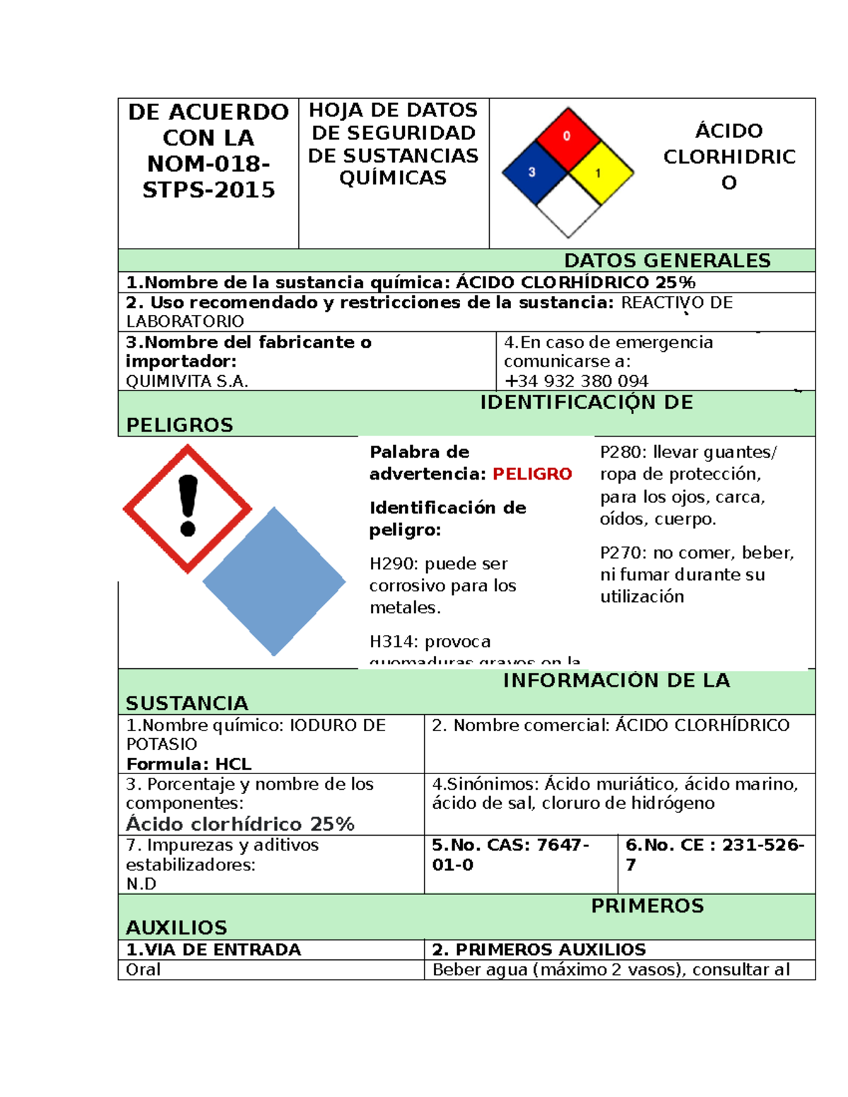 Hoja de Datos de Seguridad de Sustancias Químicas - HDS DE HCL - Document Preview