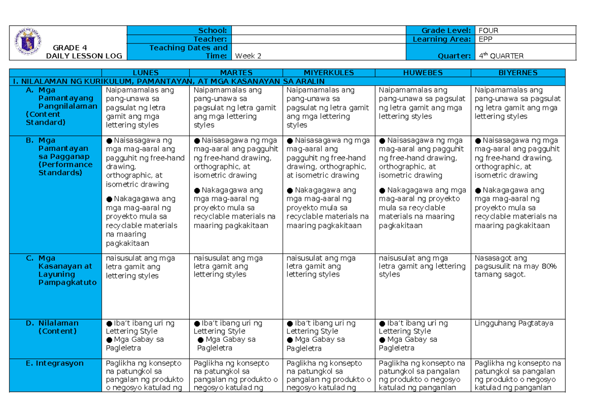 EPP 4 DLL Q4 Week 2: Daily Lesson Log and Week Plan - Studocu
