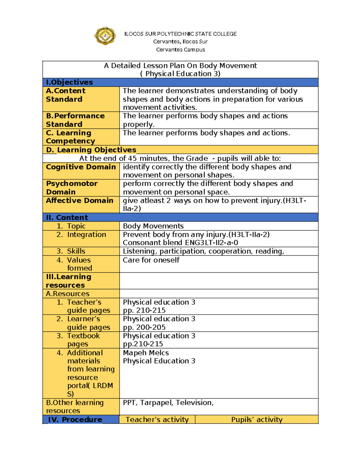 PE 3 - Detailed Lesson Plan on Body Movement - Studocu