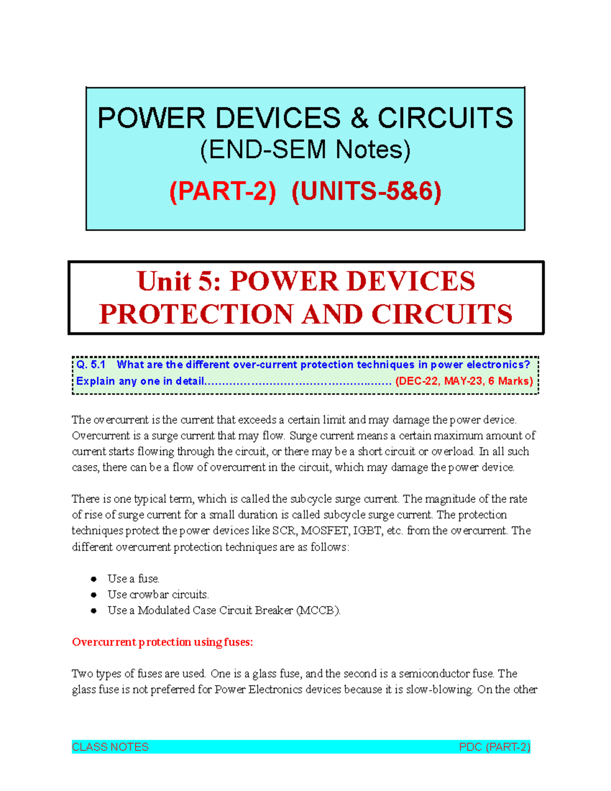 RB PDC Endsem Notes: Unit 5 & 6 - Power Devices Protection ...