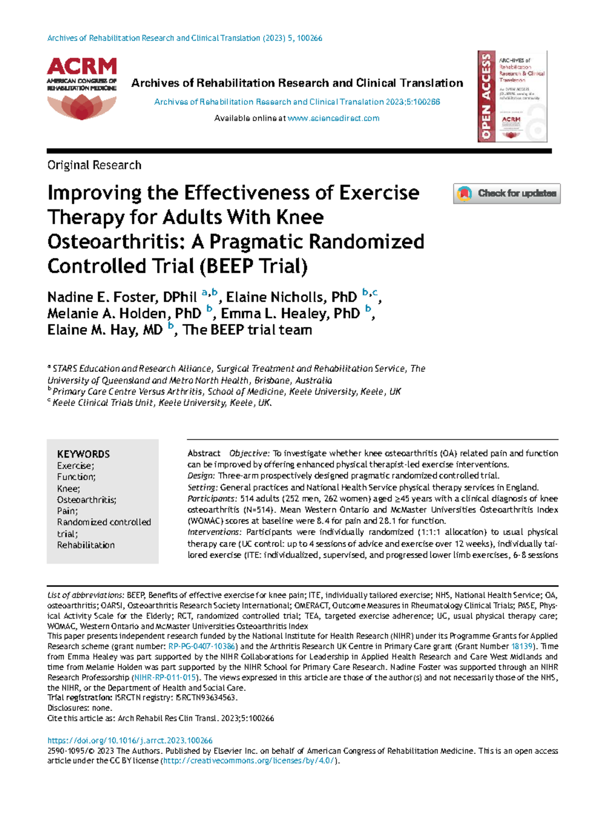 Improving Exercise Therapy for Knee Osteoarthritis: BEEP Trial Insights ...