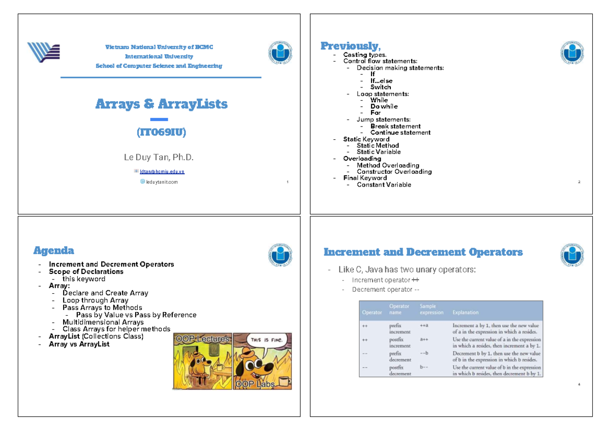 Lecture 5: Arrays and ArrayLists (IT069IU) - Key Concepts and Examples ...