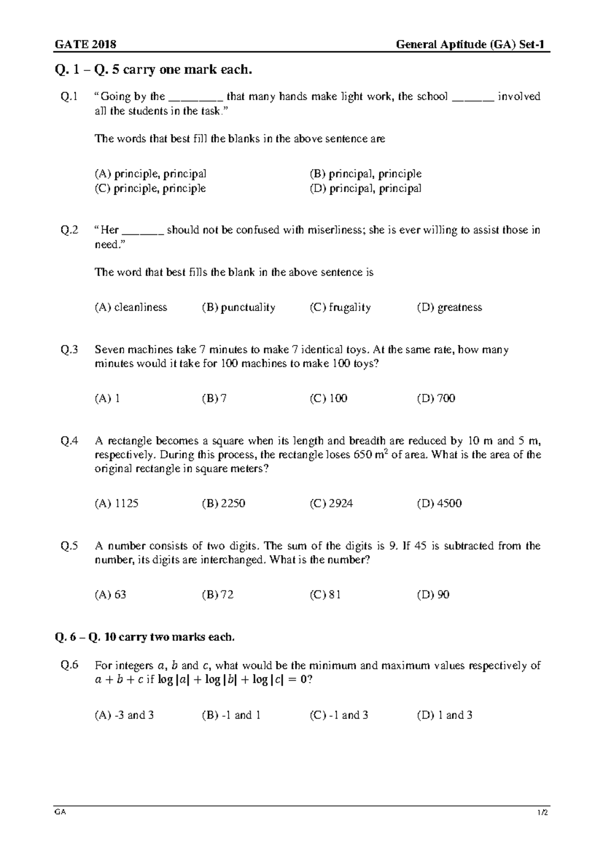 GATE 2018 General Aptitude (GA) Questions and Solutions - Studocu
