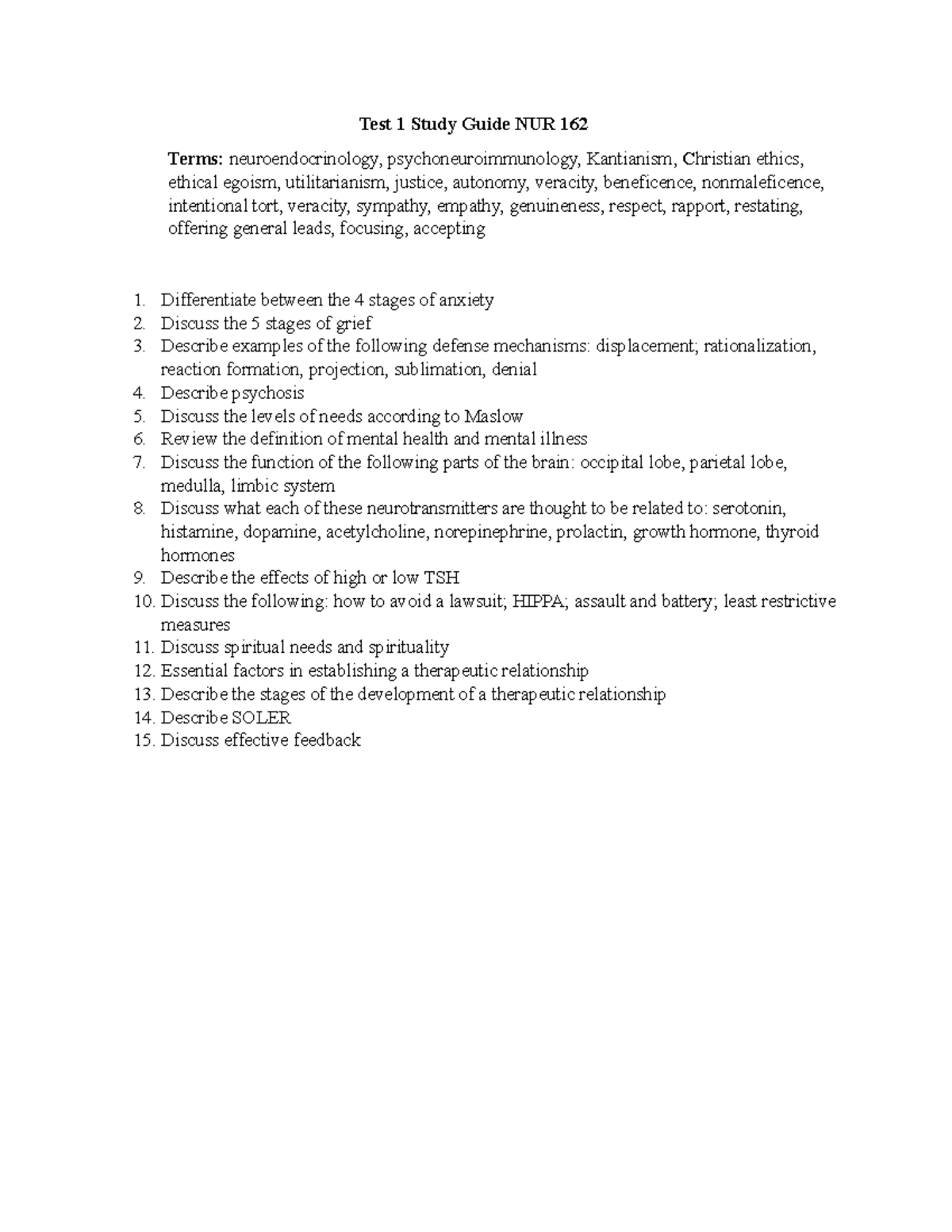 Test 1 Study Guide for NUR 162 - Essential Concepts & Terms - Studocu