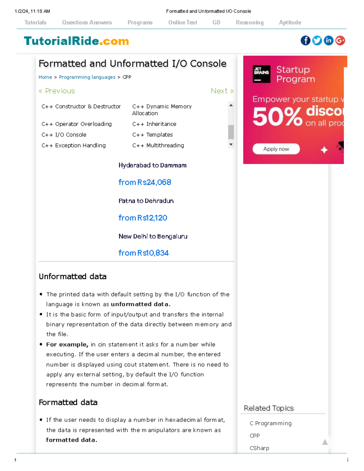 Formatted and Unformatted Console I/O: Tutorials and Programs for CPP ...