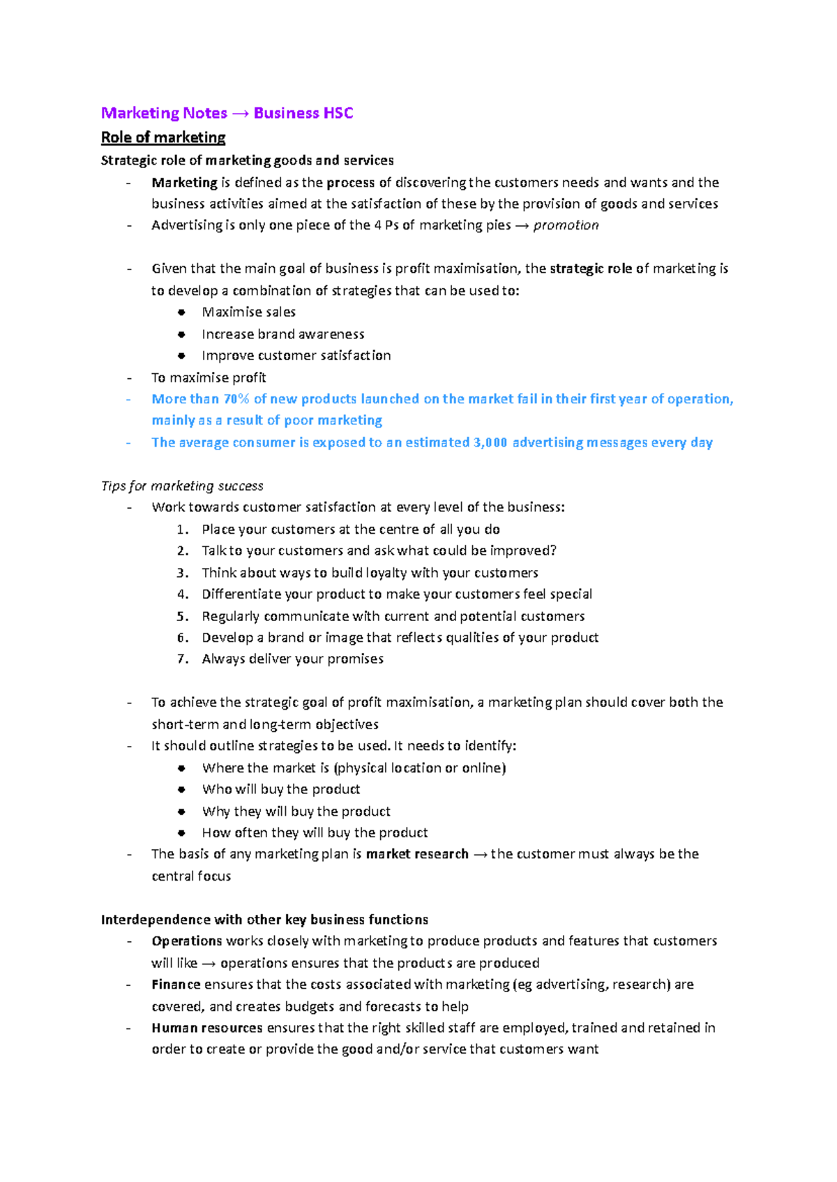 HSC Marketing Notes: Strategic Role of Marketing & Case Studies - Studocu
