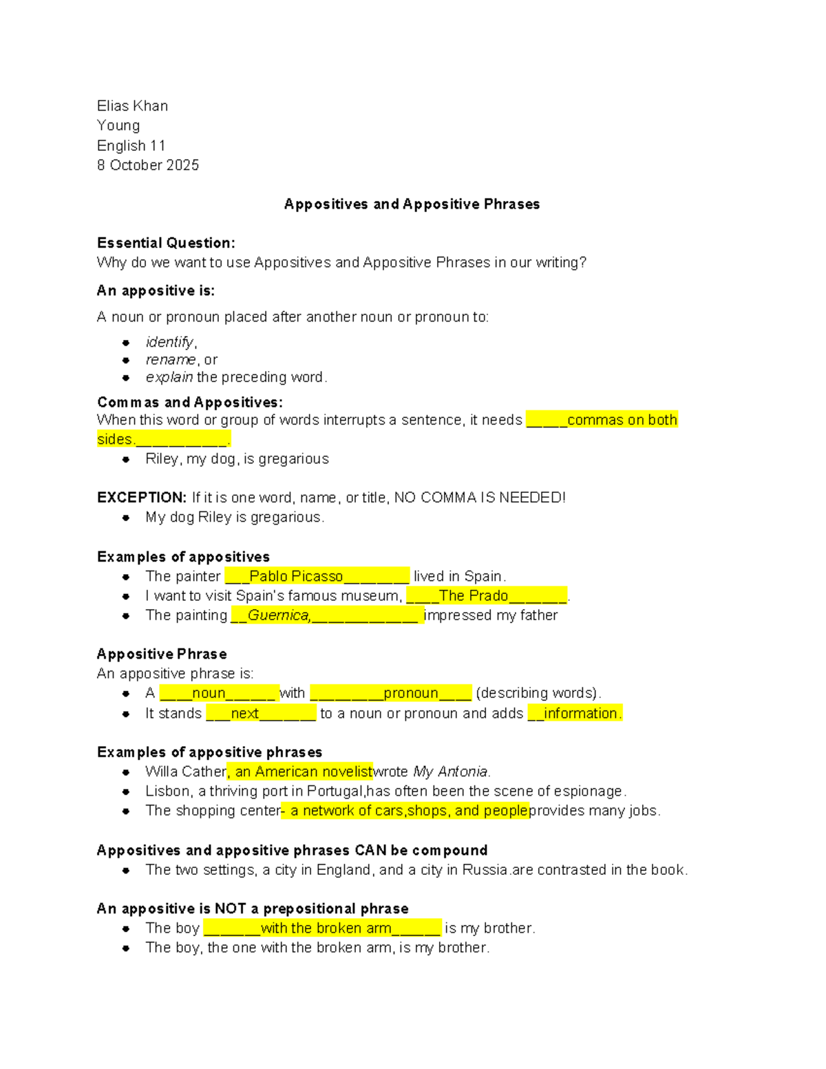 Elias Khan - Eng 11 Final Exam: Appositives & Appositive Phrases Notes ...