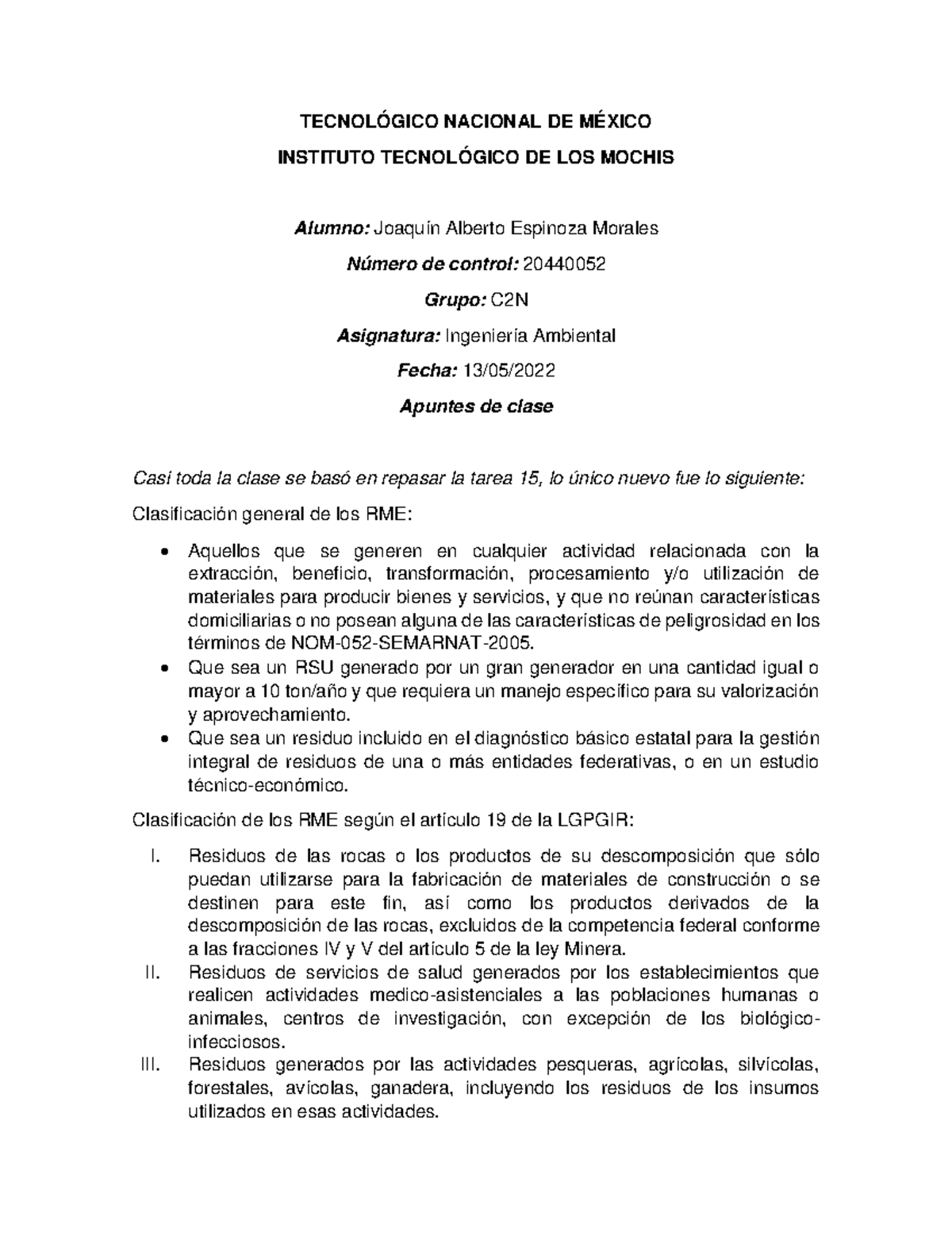 Clasificación de residuos de manejo especial RME - TECNOLÓGICO NACIONAL ...
