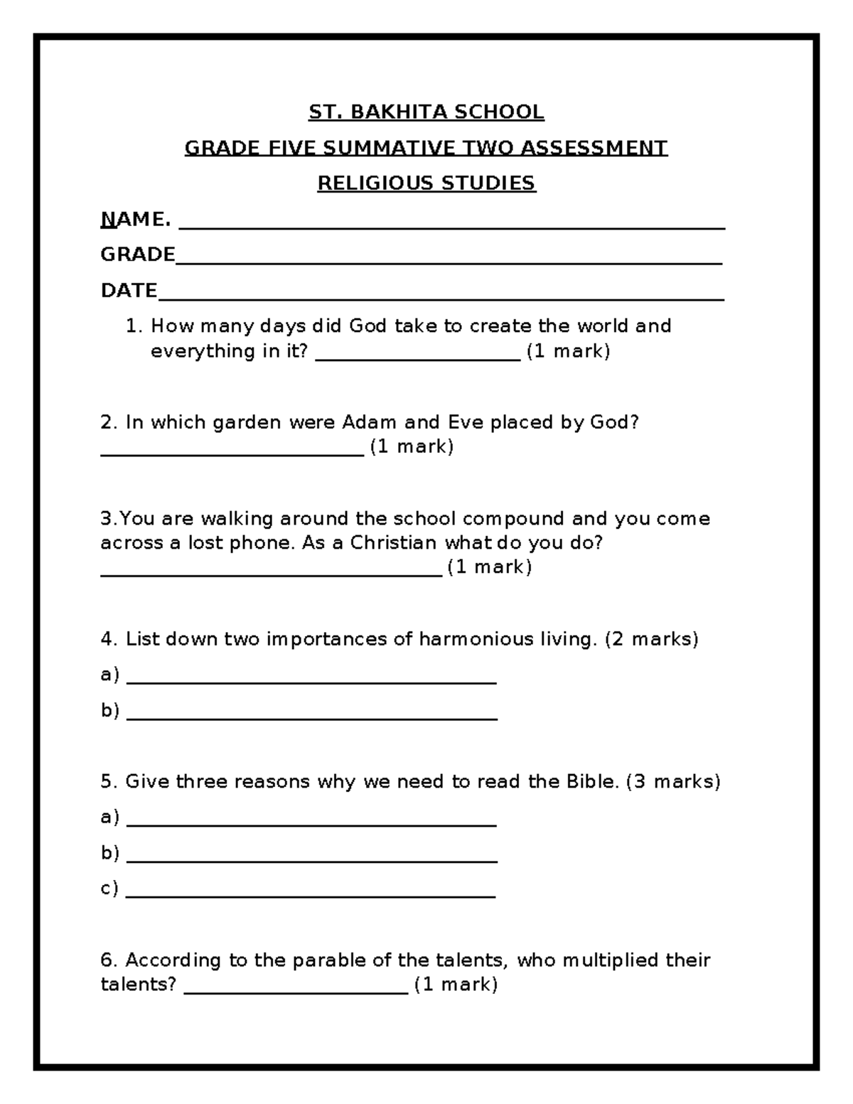 ST. BAKHITA SCHOOL GRADE 5 RELIGIOUS STUDIES SUMMATIVE 2 ASSESSMENT ...