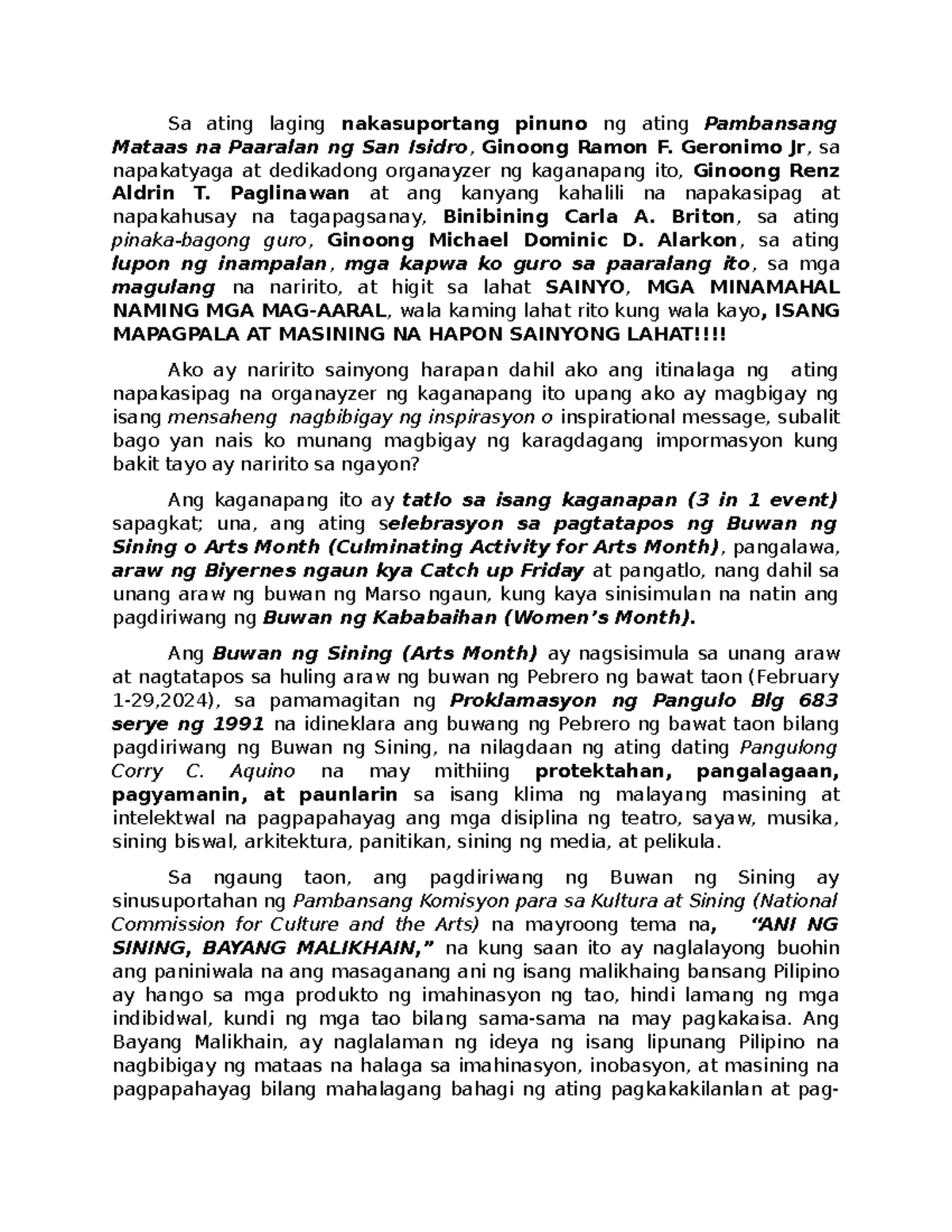 Mr. & Ms. Intramurals 2024 Emcee Script for School Event - Studocu