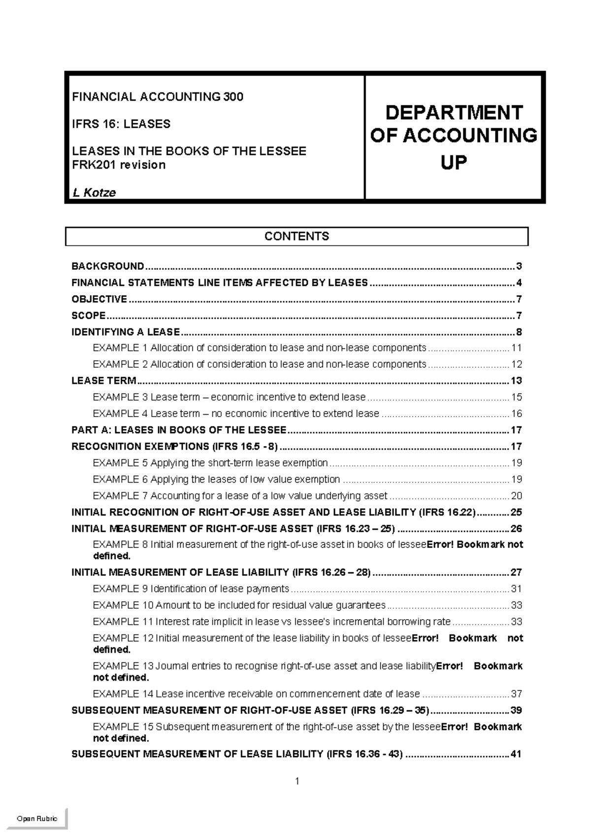 IFRS16 Lessee revision notes - 1 FINANCIAL ACCOUNTING 300 IFRS 16 ...
