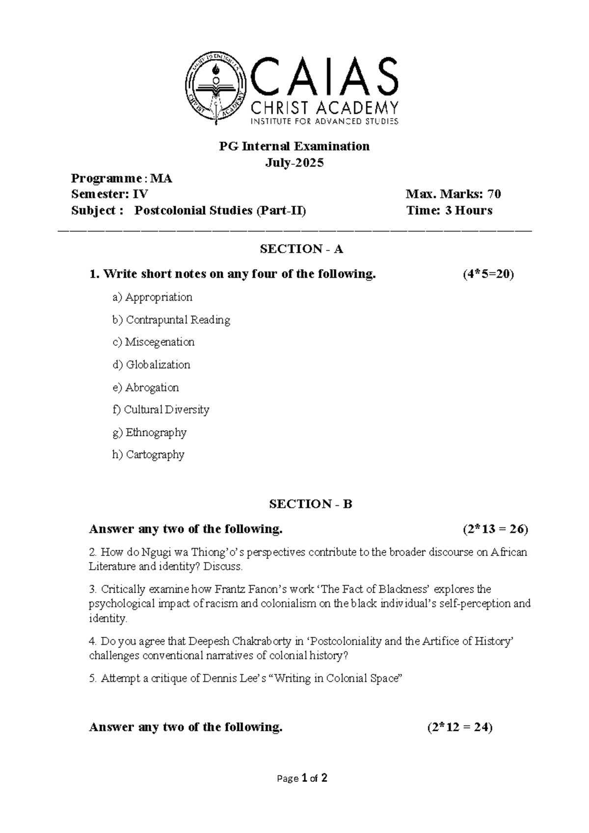 PG Internal Examination Programme: MA IV - Postcolonial Studies Notes ...