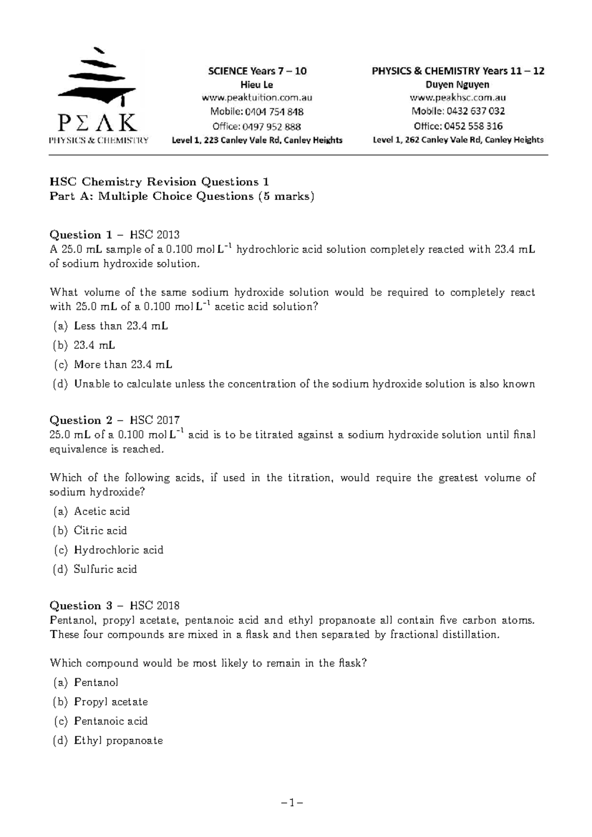 HSC Chemistry Revision Questions: Multiple Choice & Short Answers - Studocu