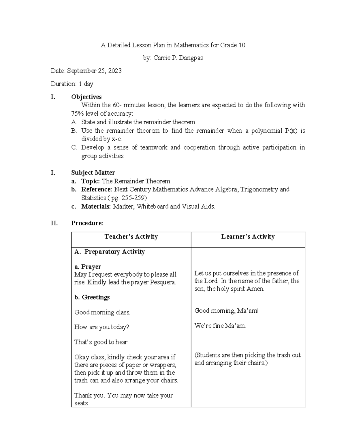 A Detailed Lesson Plan in Mathematics for Grade 10 - Dangpas Date ...