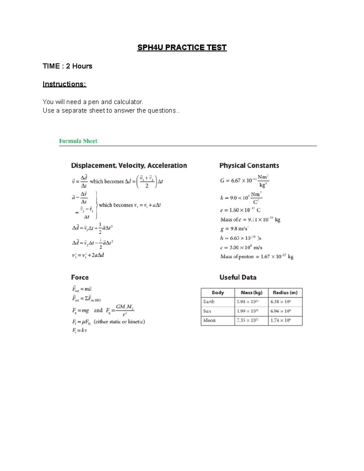 SPH4U Final Exam Practice Test Questions and Solutions F2023 - Studocu