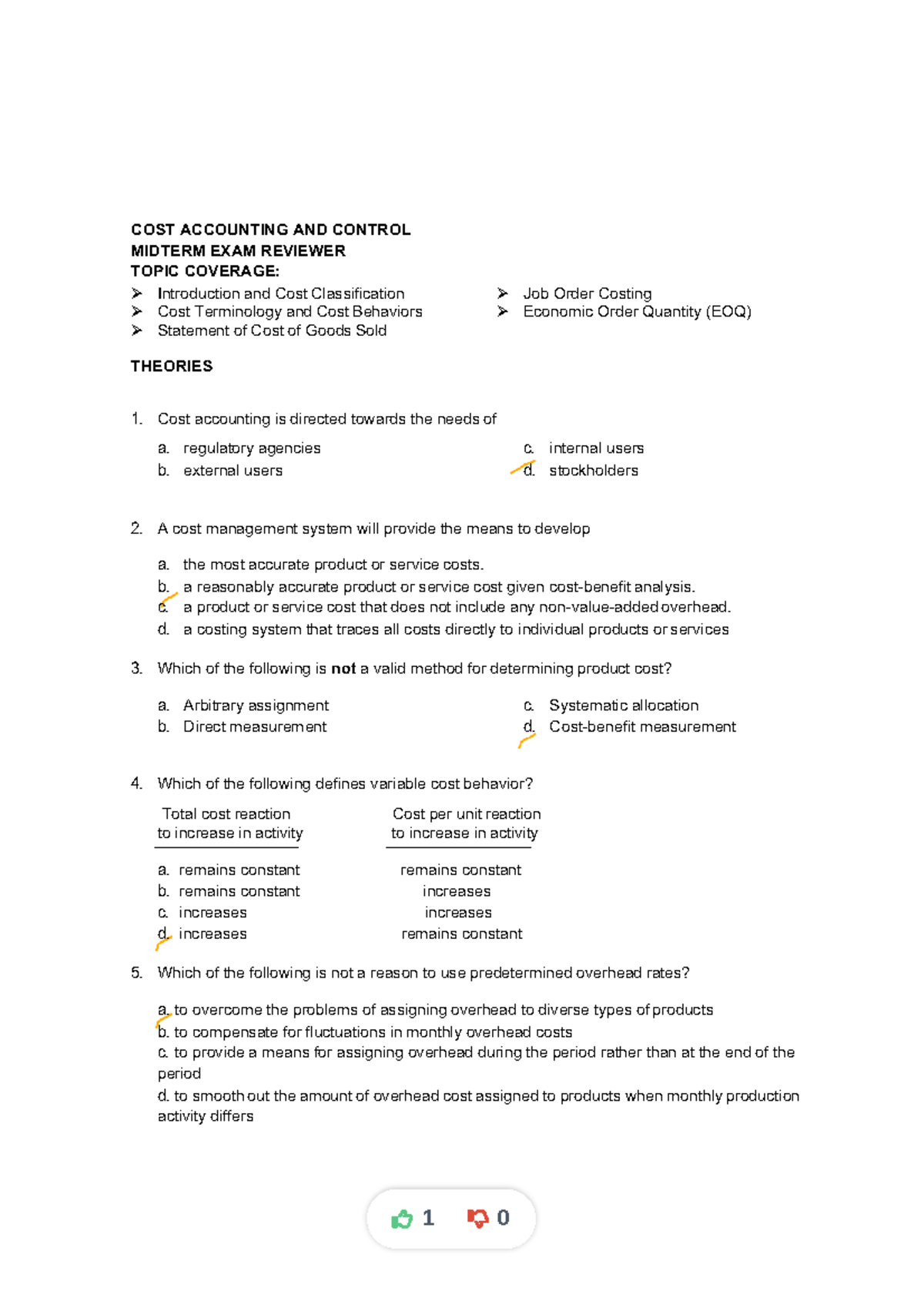 COST ACCOUNTING AND CONTROL MIDTERM REVIEW (Ua 103) - Studocu