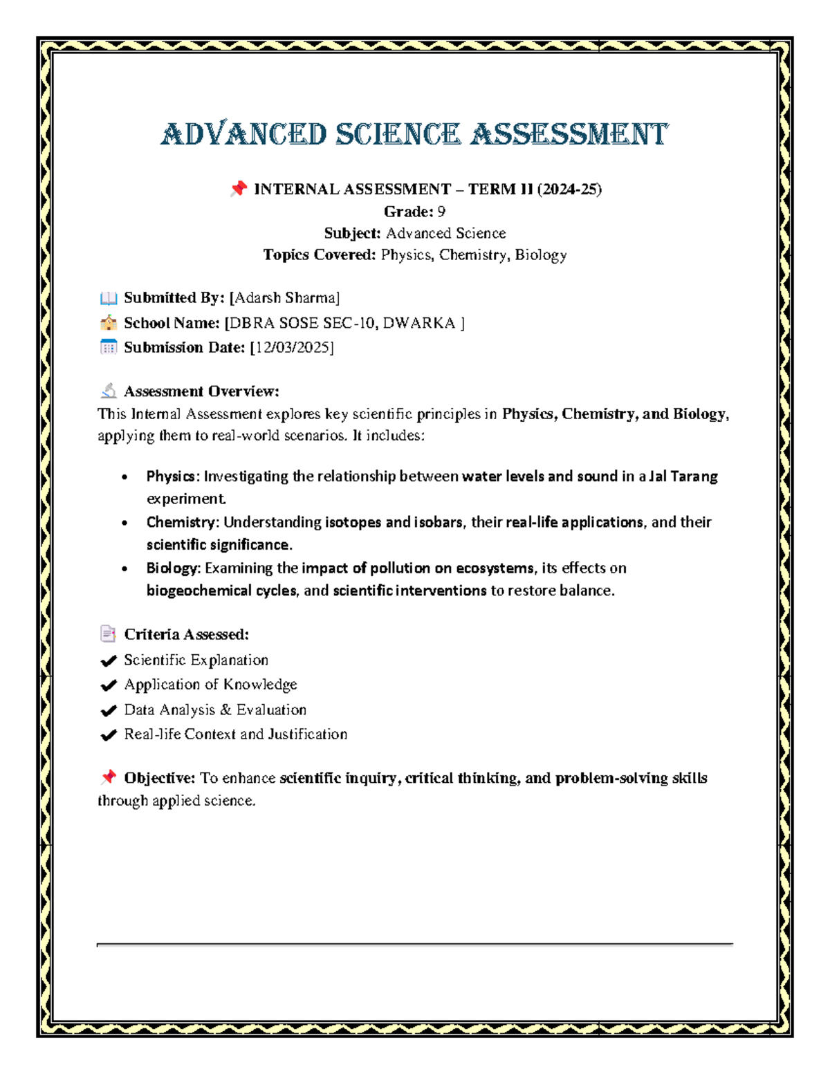 Advanced Science Internal Assessment Term II - Grade 9 - Studocu