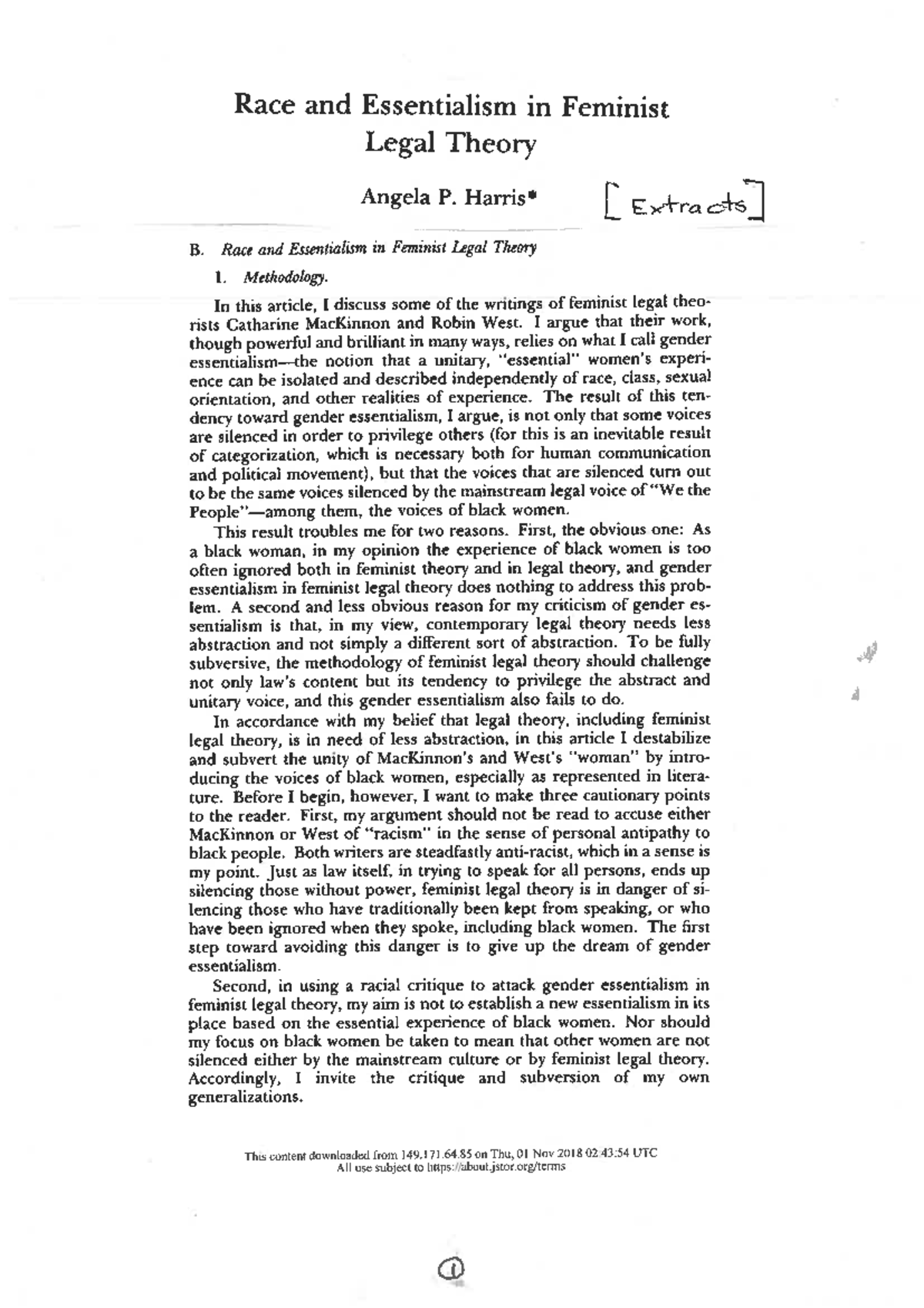 STANFORD LAW REVIEW 42:581 - Race and Essentialism in Feminist Theory ...