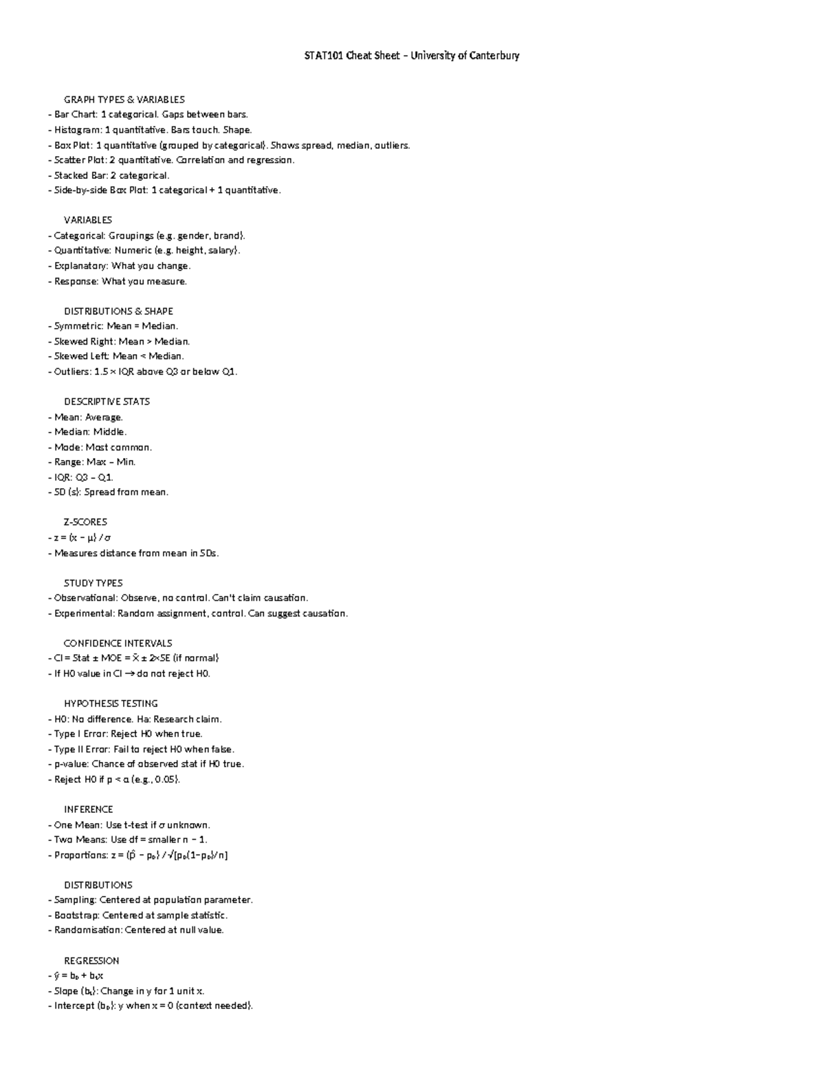 STAT101 Final Exam Cheat Sheet: Graphs, Stats & Inference - Studocu