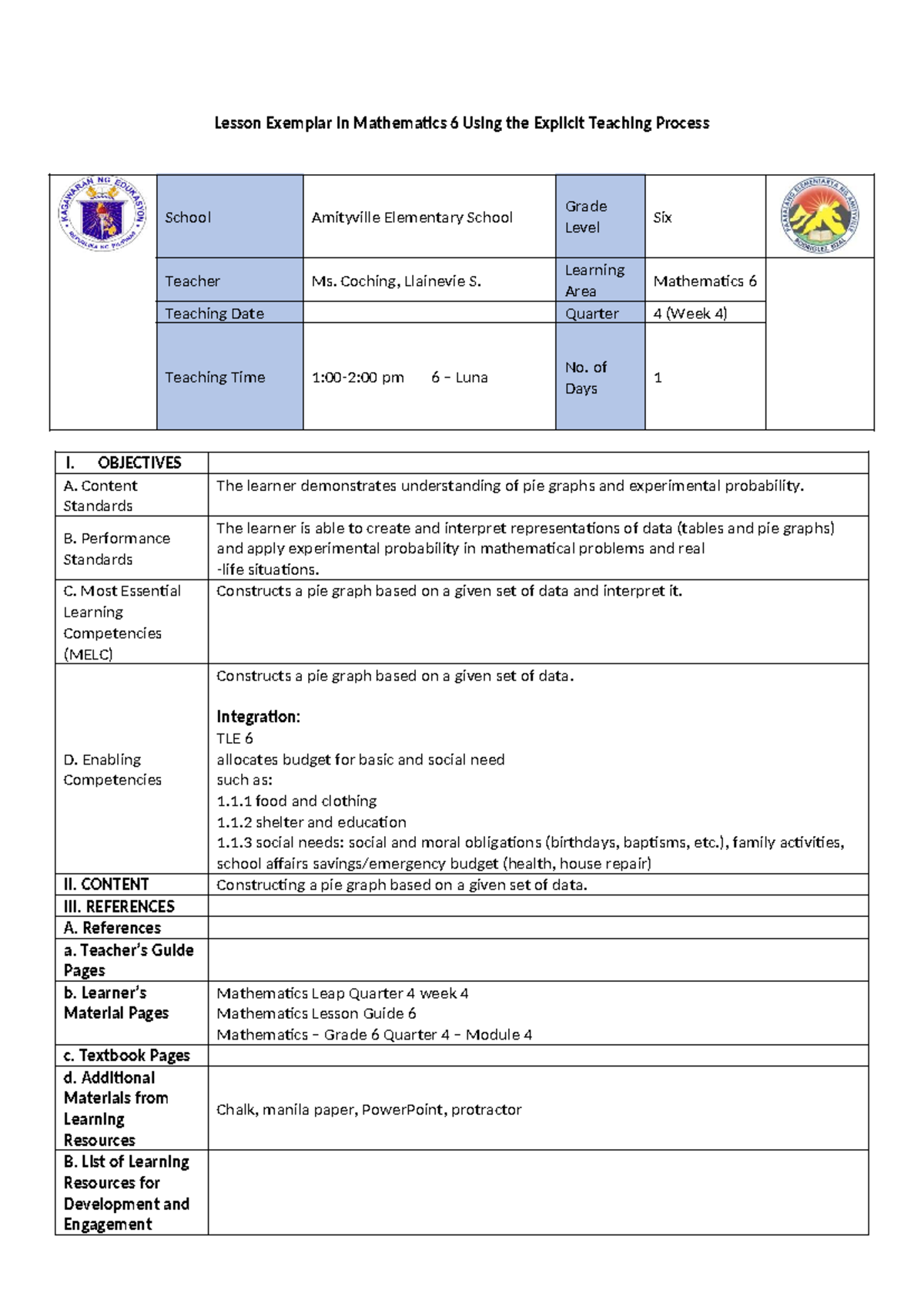 Mathematics 6 Lesson Plan: Pie Graphs & Budgeting (Quarter 4) - Studocu
