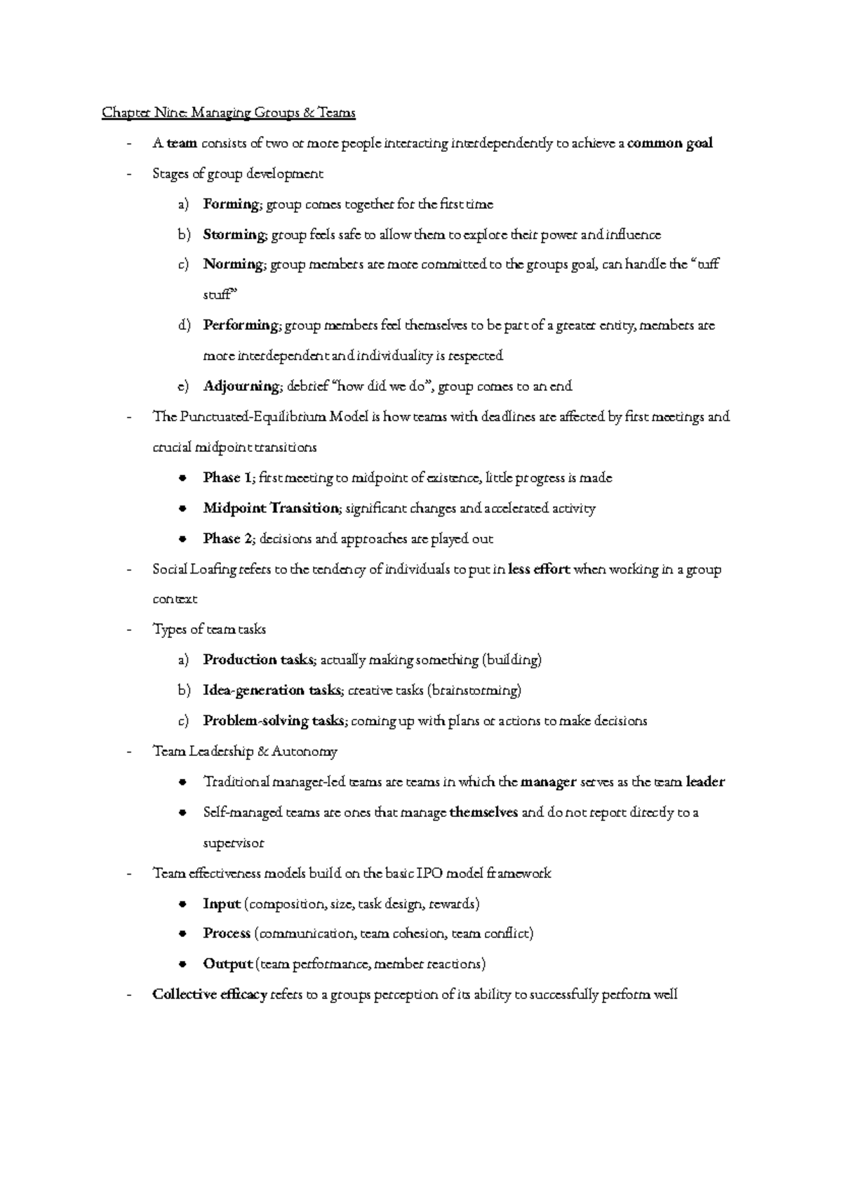Exam notes - Chapter Nine: Managing Groups & Teams - A team consists of ...