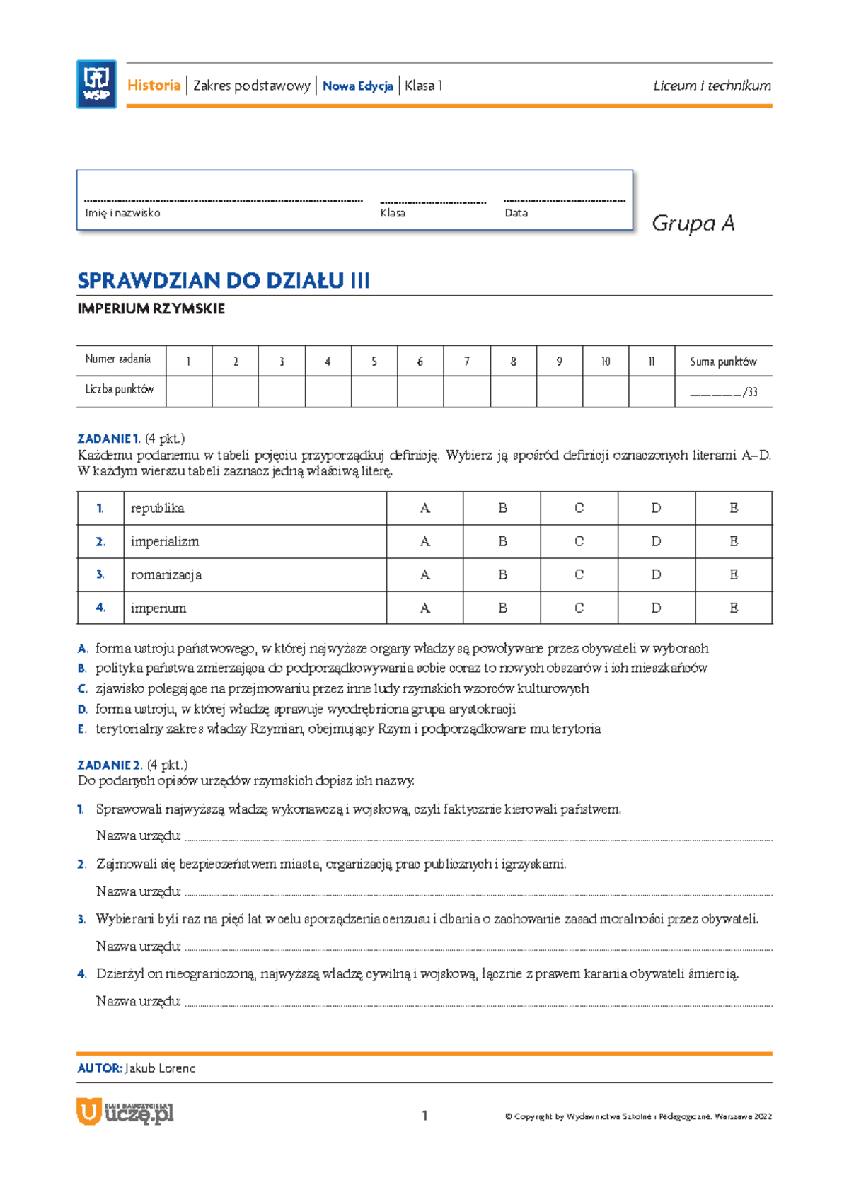 Sprawdzian Z Działu Zanurzeni W Historii