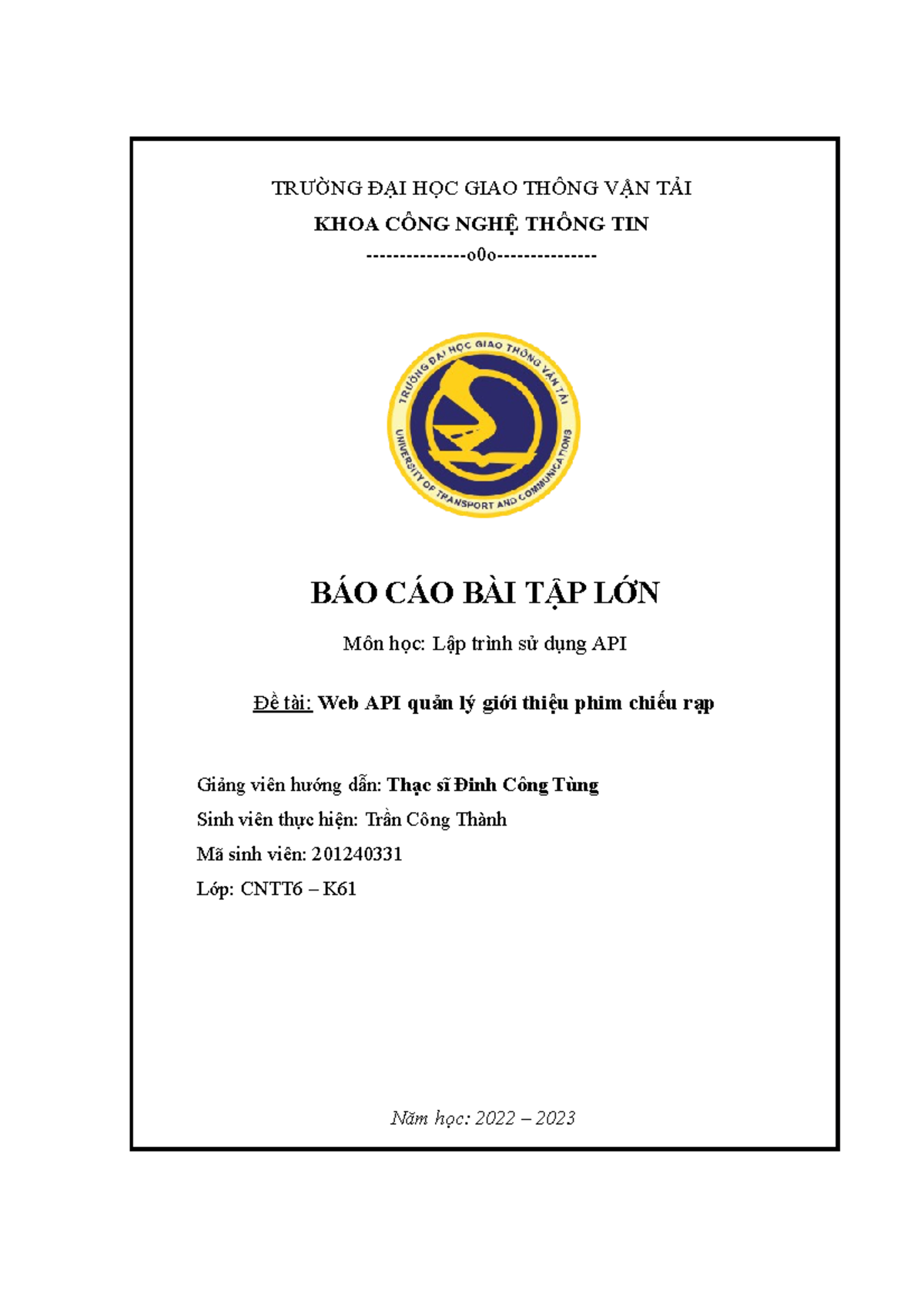Báo cáo BTL Lập Trình API - Quản Lý Phim Chiếu Rạp CNTT6-K - Studocu