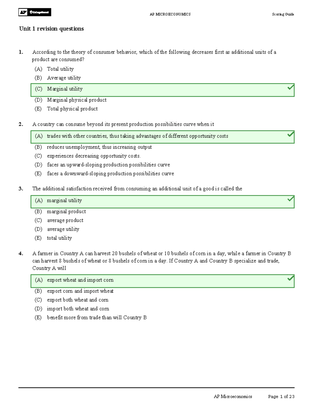 AP MICROECONOMICS Unit 1 Revision Questions & Scoring Guide - Studocu