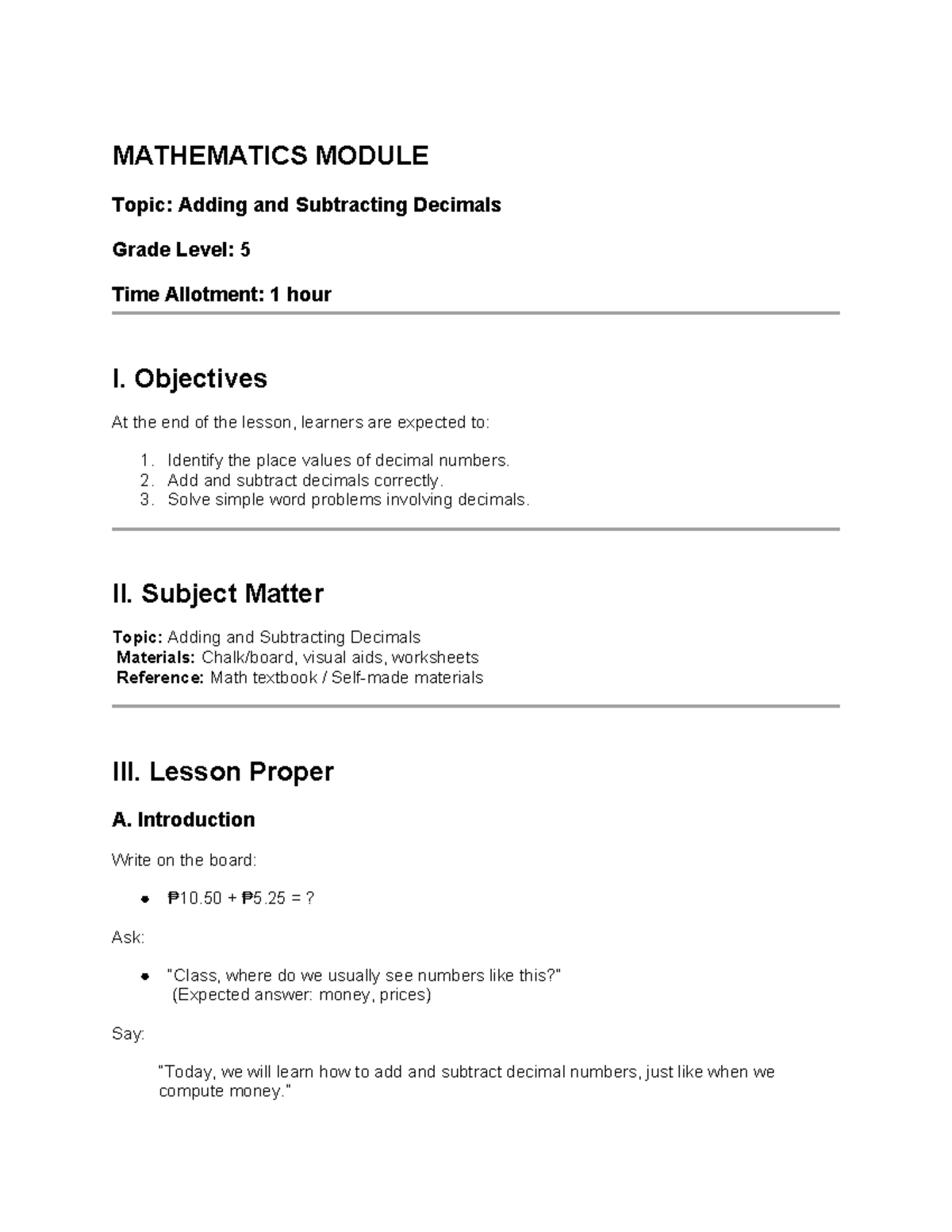 MATHEMATICS MODULE: Adding & Subtracting Decimals (Grade 5) - Studocu