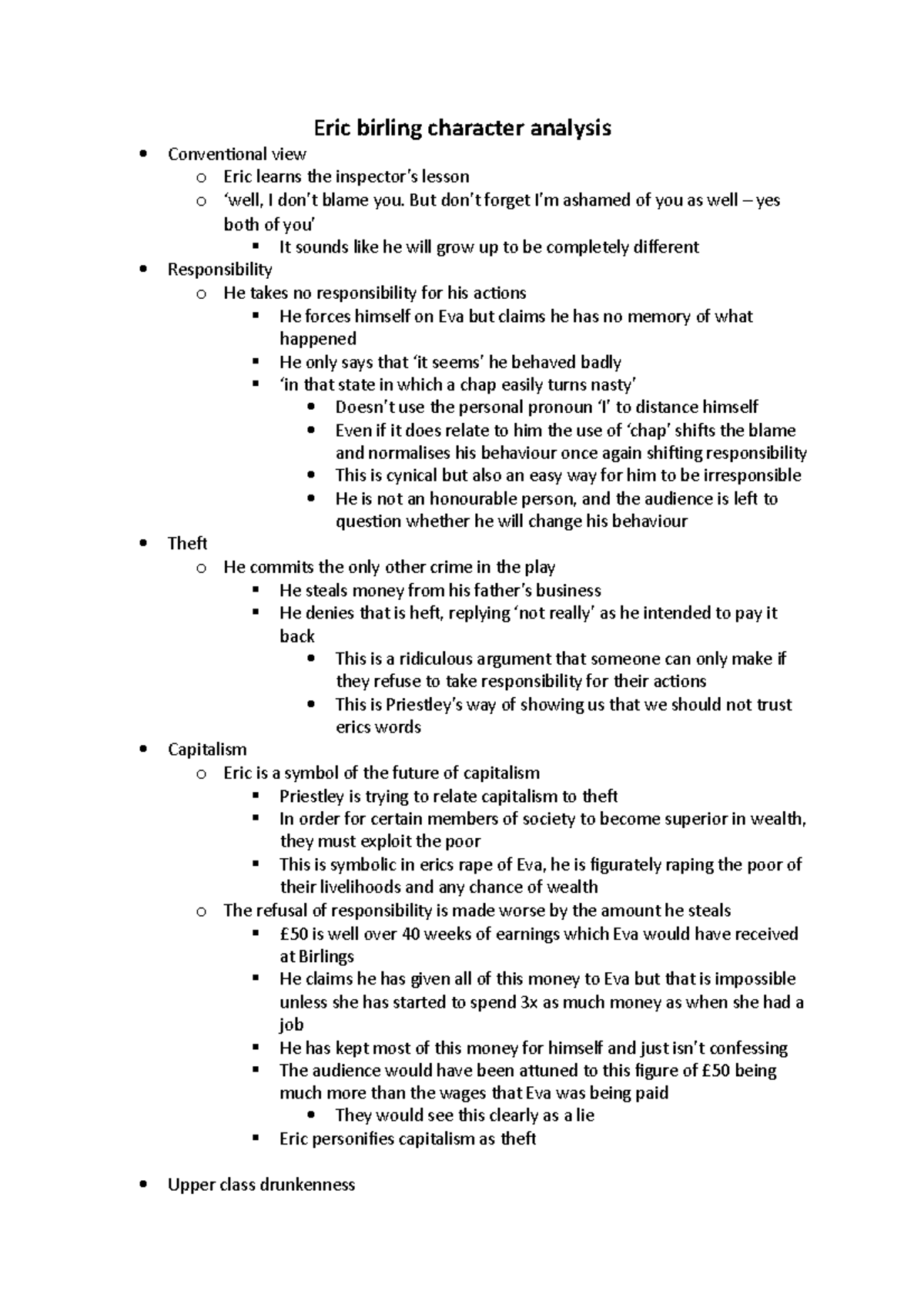 Eric Birling: An Analysis of Character and Class Responsibility - Studocu