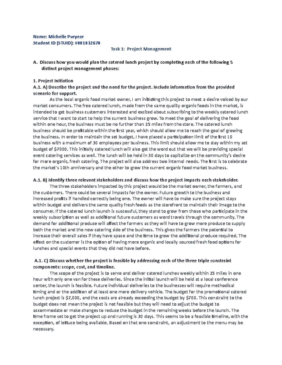 D079 - RNMI - Task 1 - Managing a Project - Name: Michelle Puryear ...