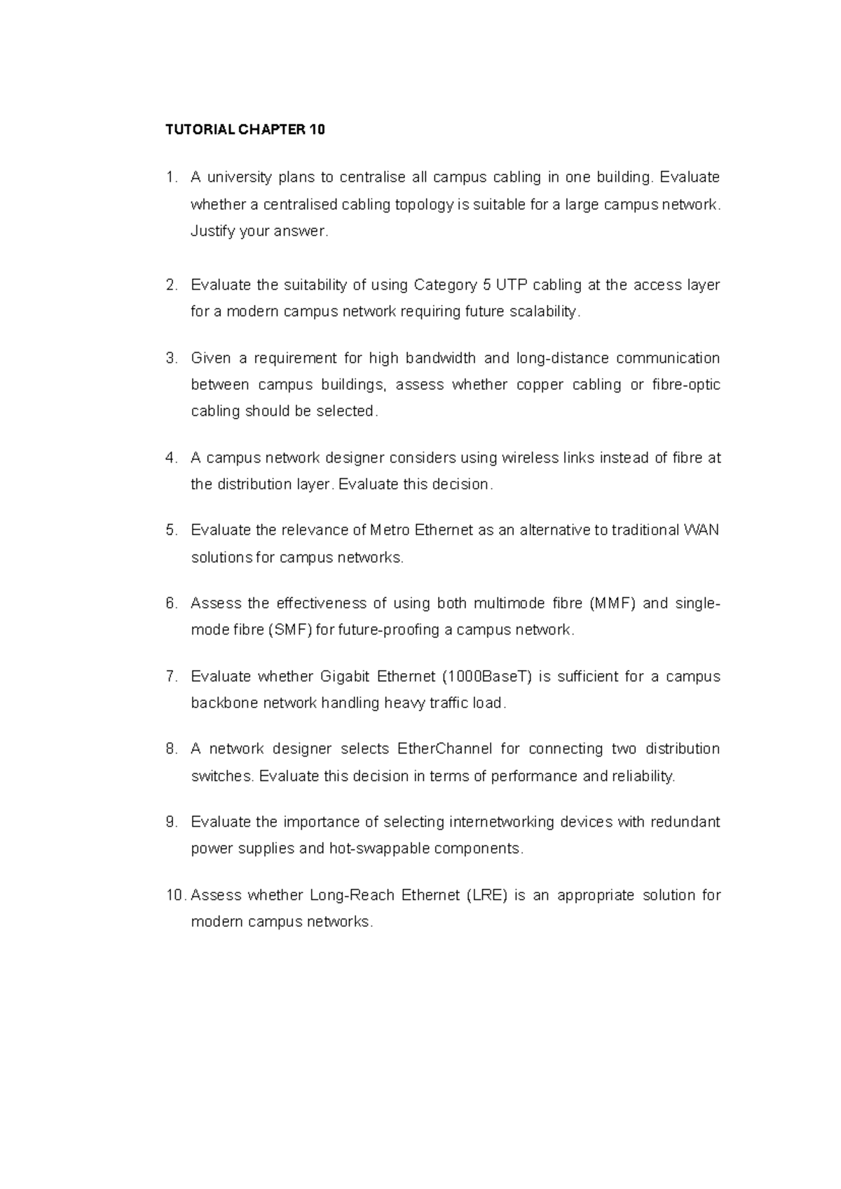 Tutorial Chapter 10: Evaluating Campus Network Cabling Solutions - Studocu