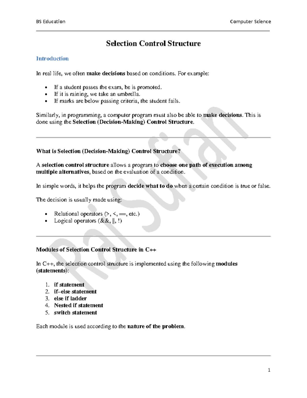 BS Education CS: Introduction to Selection Control Structures - Studocu