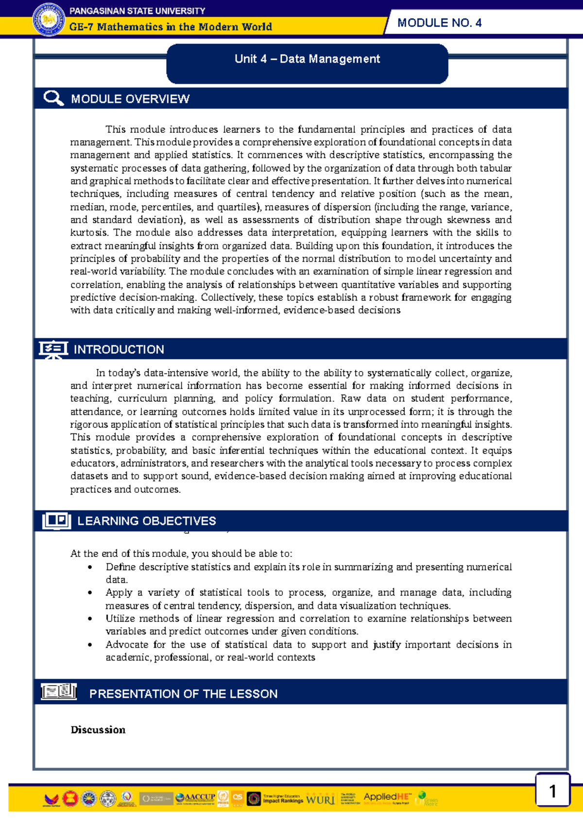 GE-7 MMW: Module 4 - Data Management and Descriptive Statistics - Studocu
