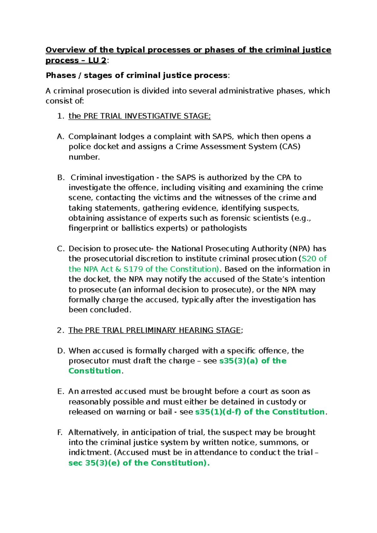 Criminal Procedure Exam Notes (LU 2): Overview of Justice Phases ...