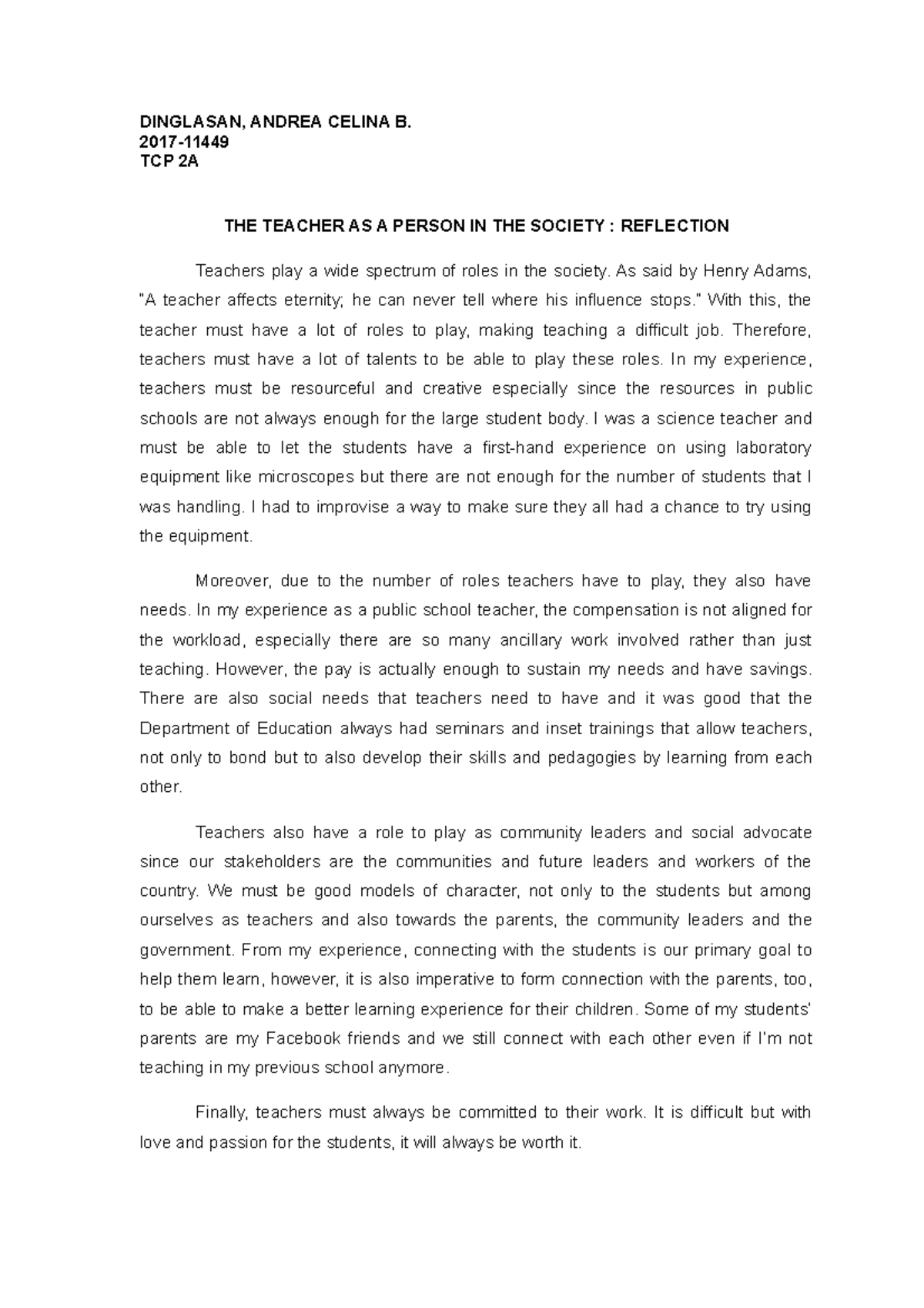 TCP 2A: Reflection on the Teacher's Role in Society - Studocu