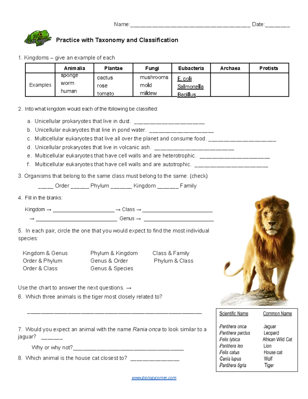 Practice Taxonomy Classification Worksheet Key - Studocu