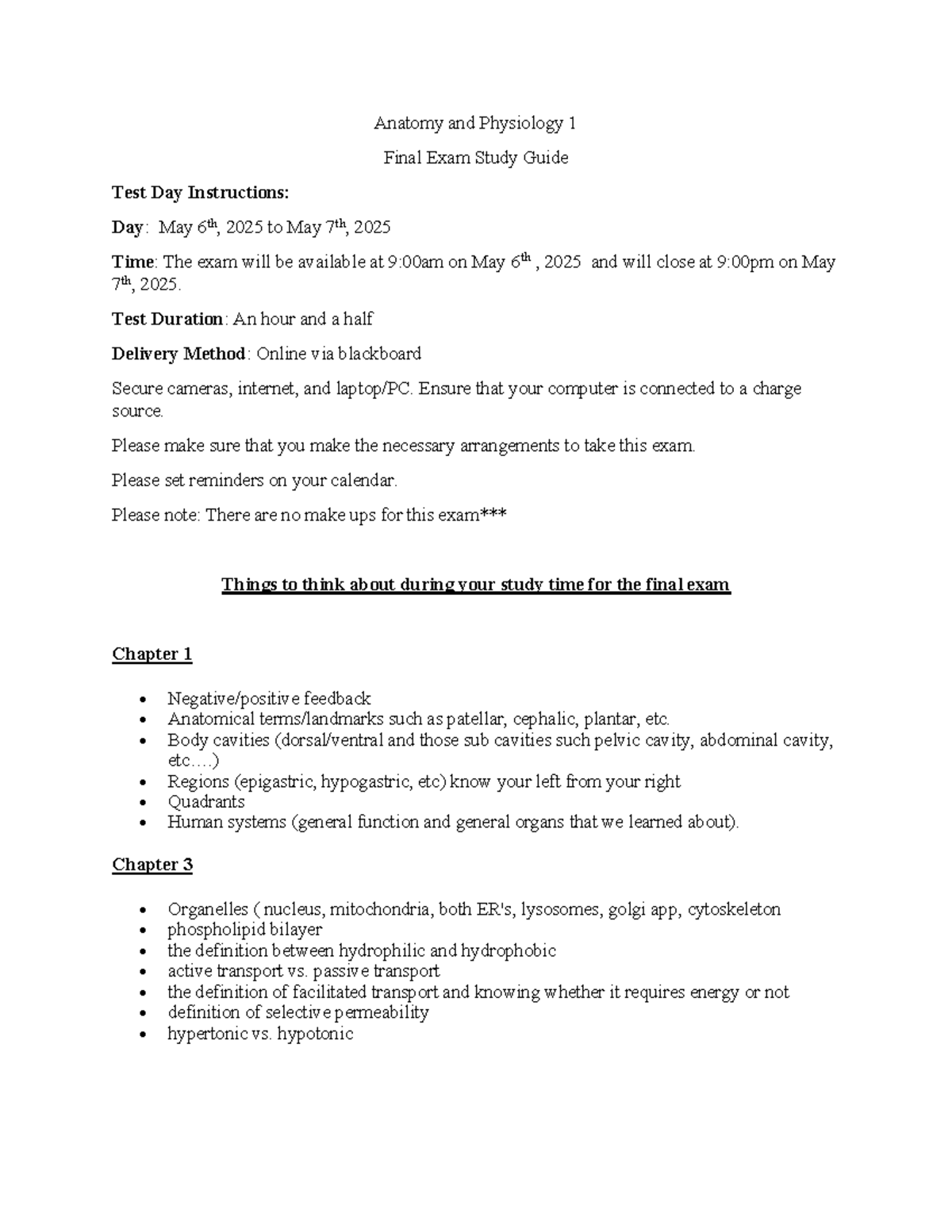 Anatomy & Physiology 1 Final Exam Study Guide (May 2025) - Studocu