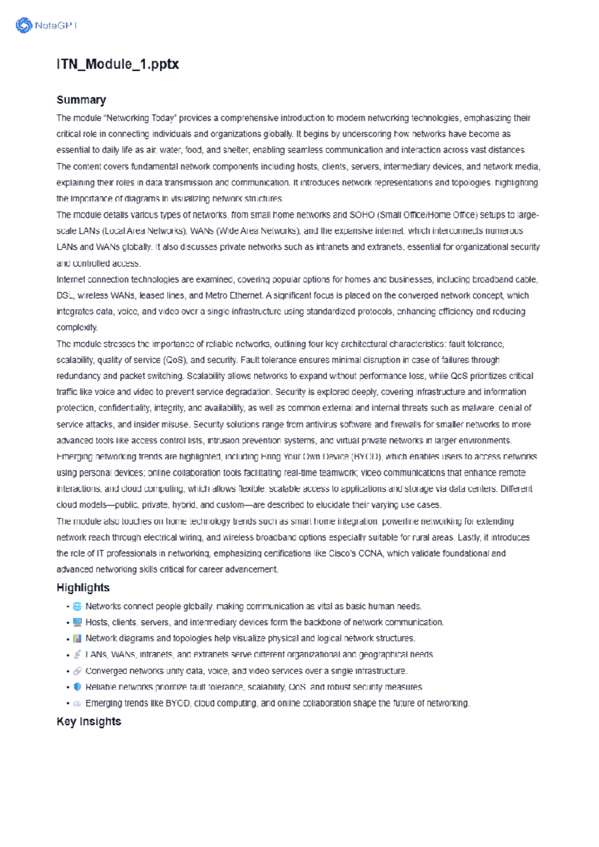 ITN 101: Intro to Networking Technologies - Module 1 Summary - Studocu