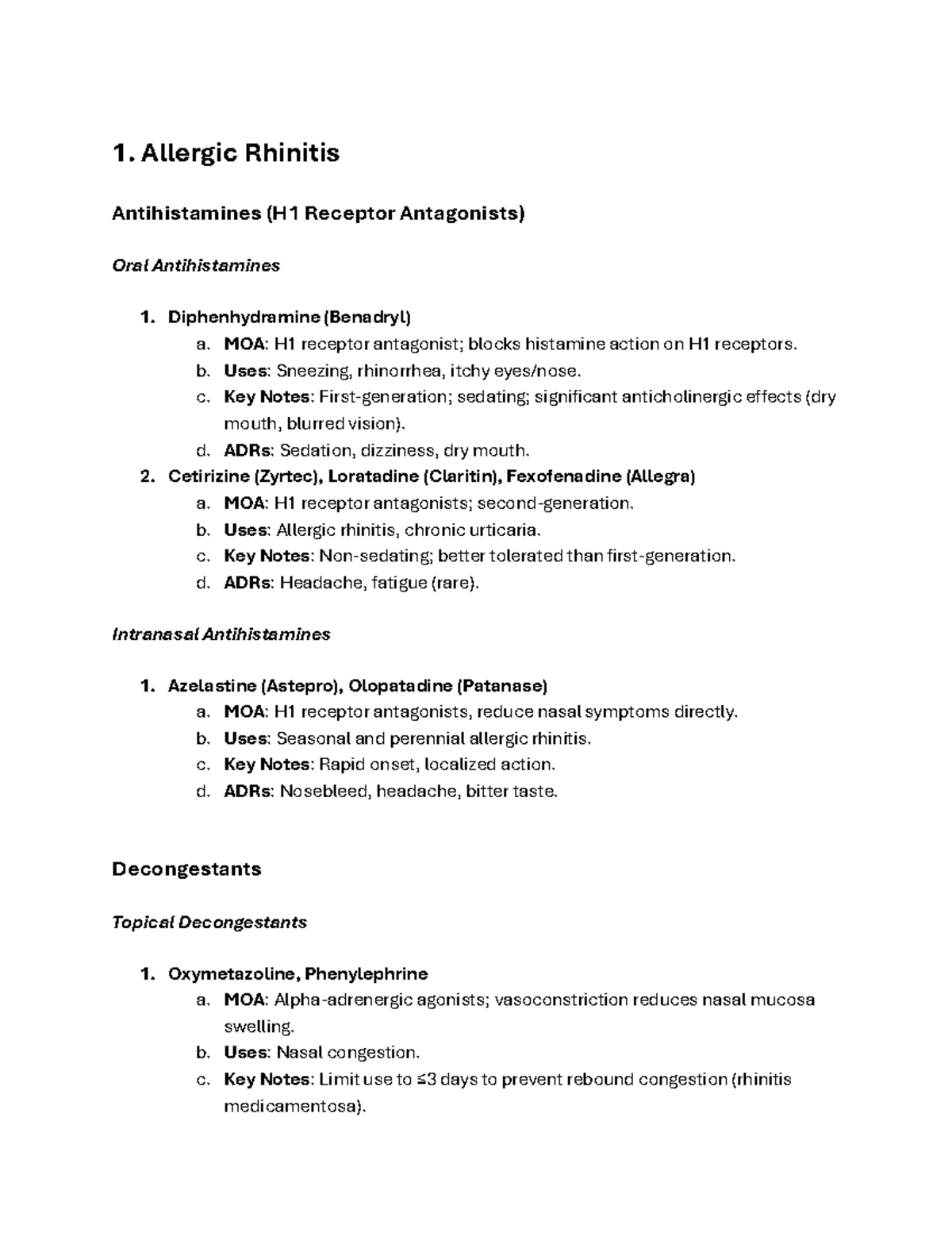 Otolaryngology - Notes for Pharmacology - 1. Allergic Rhinitis ...