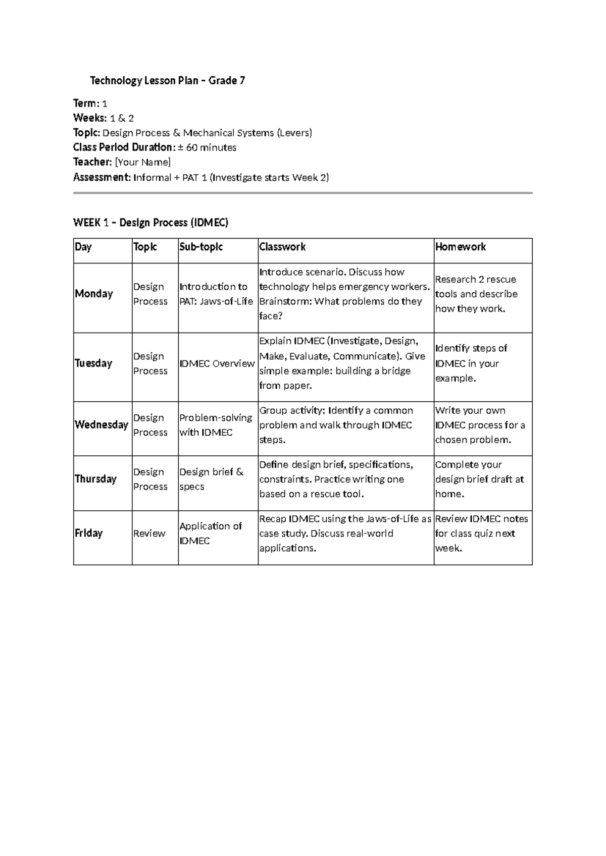Technology Lesson Plan (Grade 7) - Weeks 1 to 4 Overview - Studocu